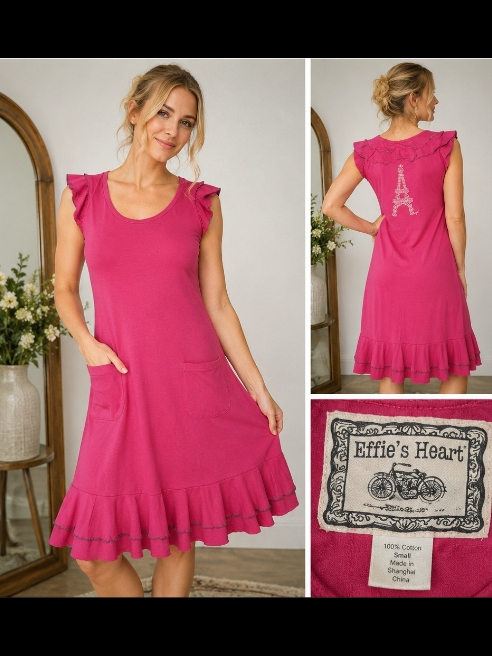 Effie's Heart Pink Paris Eiffel Tower Ruffle Hem Midi Dress Size S